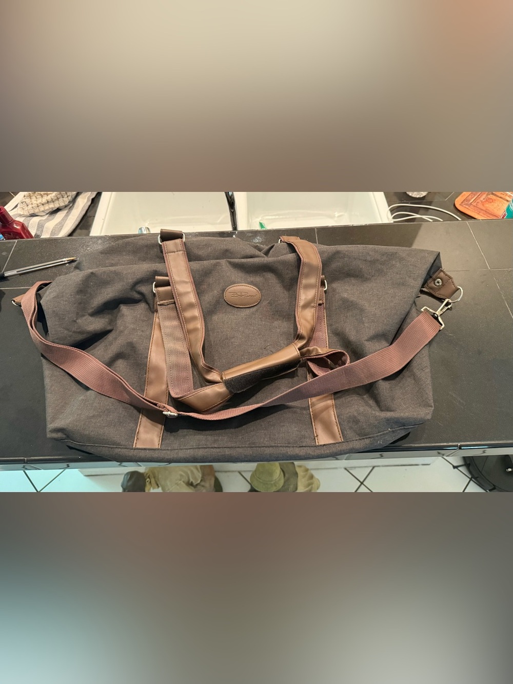 Bella Russo Charcoal Canvas Duffel Bag, Brown Leather Trim and Adjustable Strap